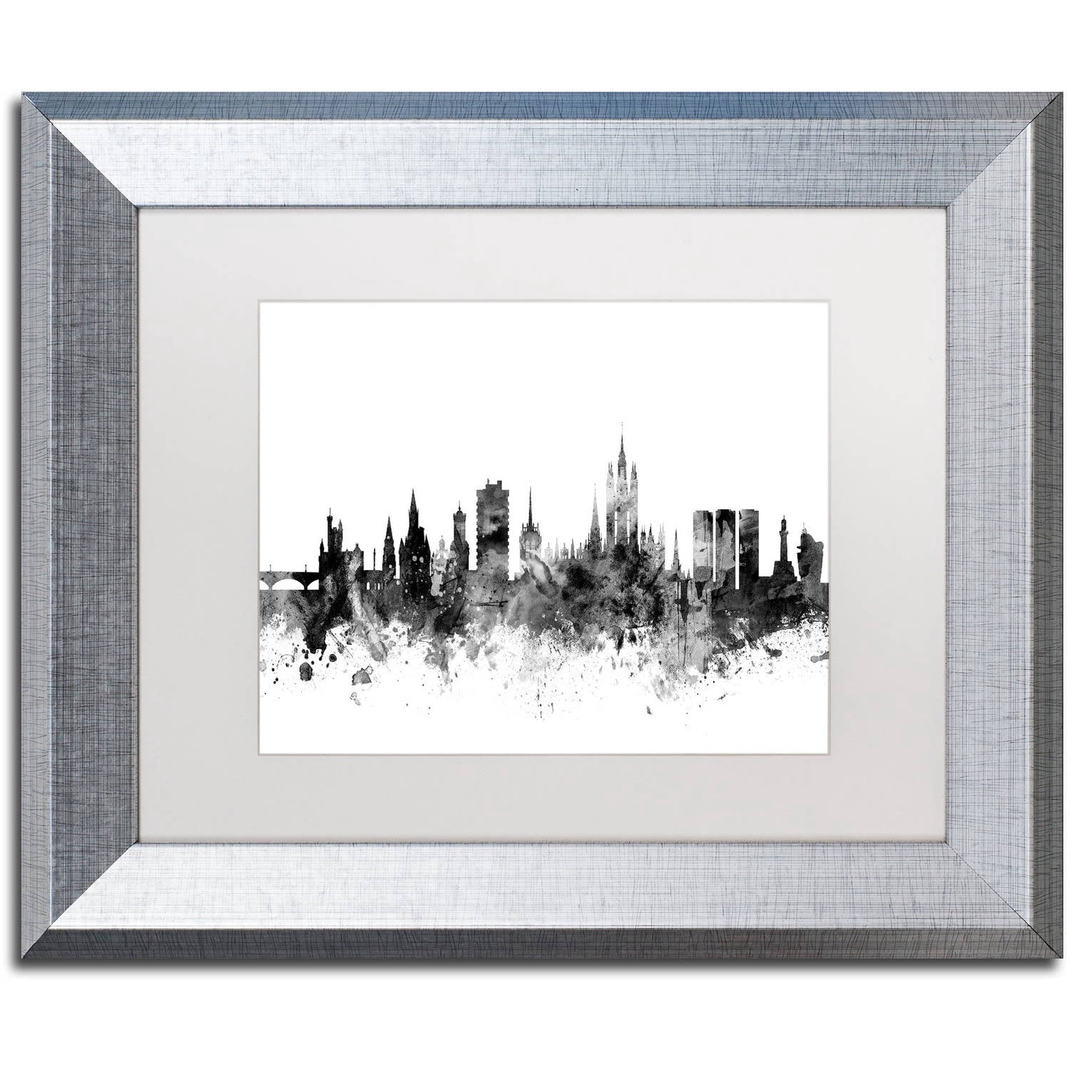 Trademark Fine Art "Aberdeen Scotland Skyline B&W" Canvas Art by Michael Tompsett, White Matte, Silver Frame