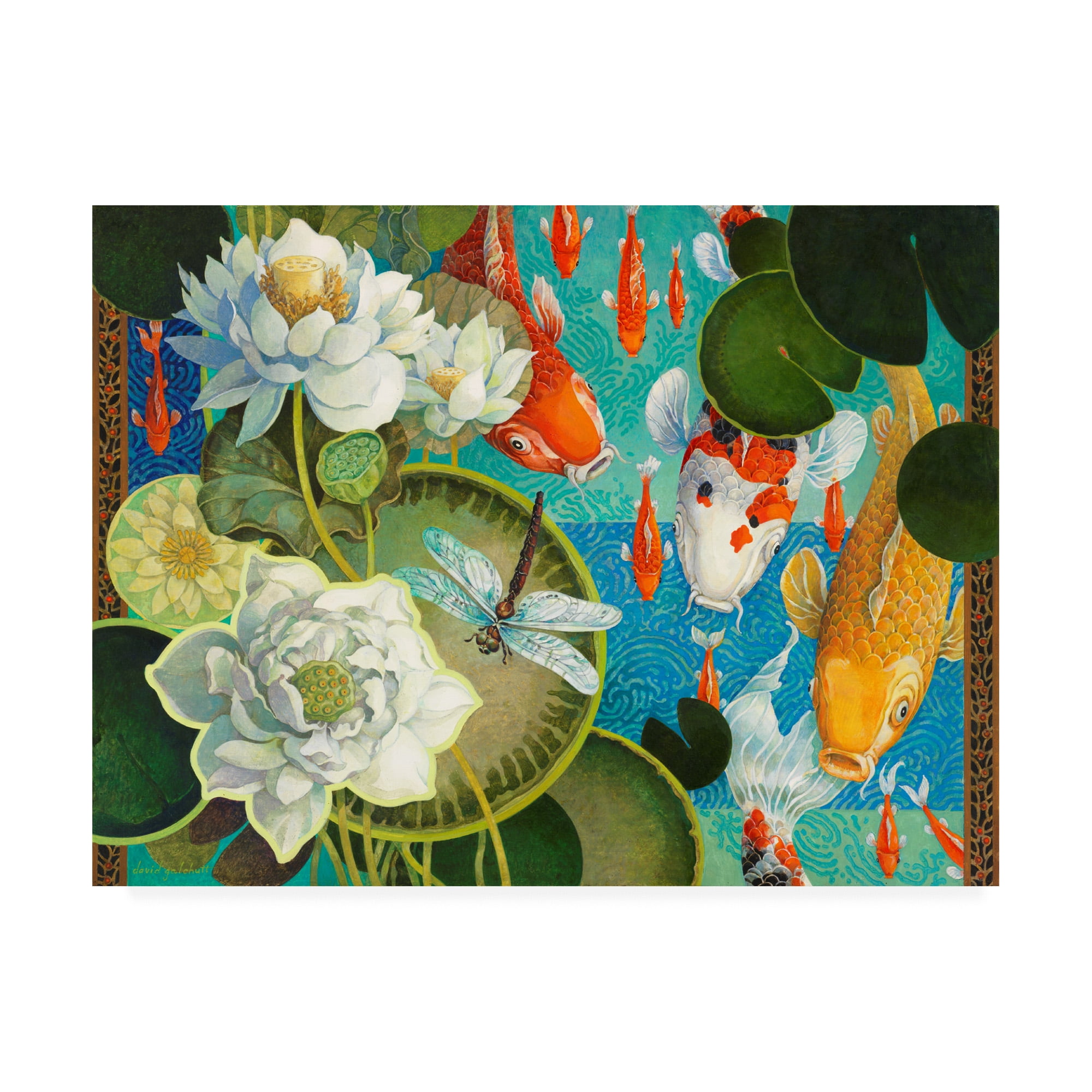 Large Multicolor Canvas Art with Koi Fish and Water Lilies