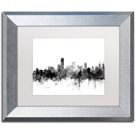Trademark Fine Art "Adelaide Australia Skyline B&W" Canvas Art by Michael Tompsett, White Matte, Silver Frame