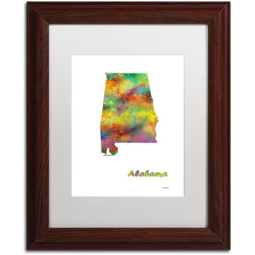 Trademark Fine Art "Alabama State Map-1" Canvas Art by Marlene Watson, White Matte, Wood Frame