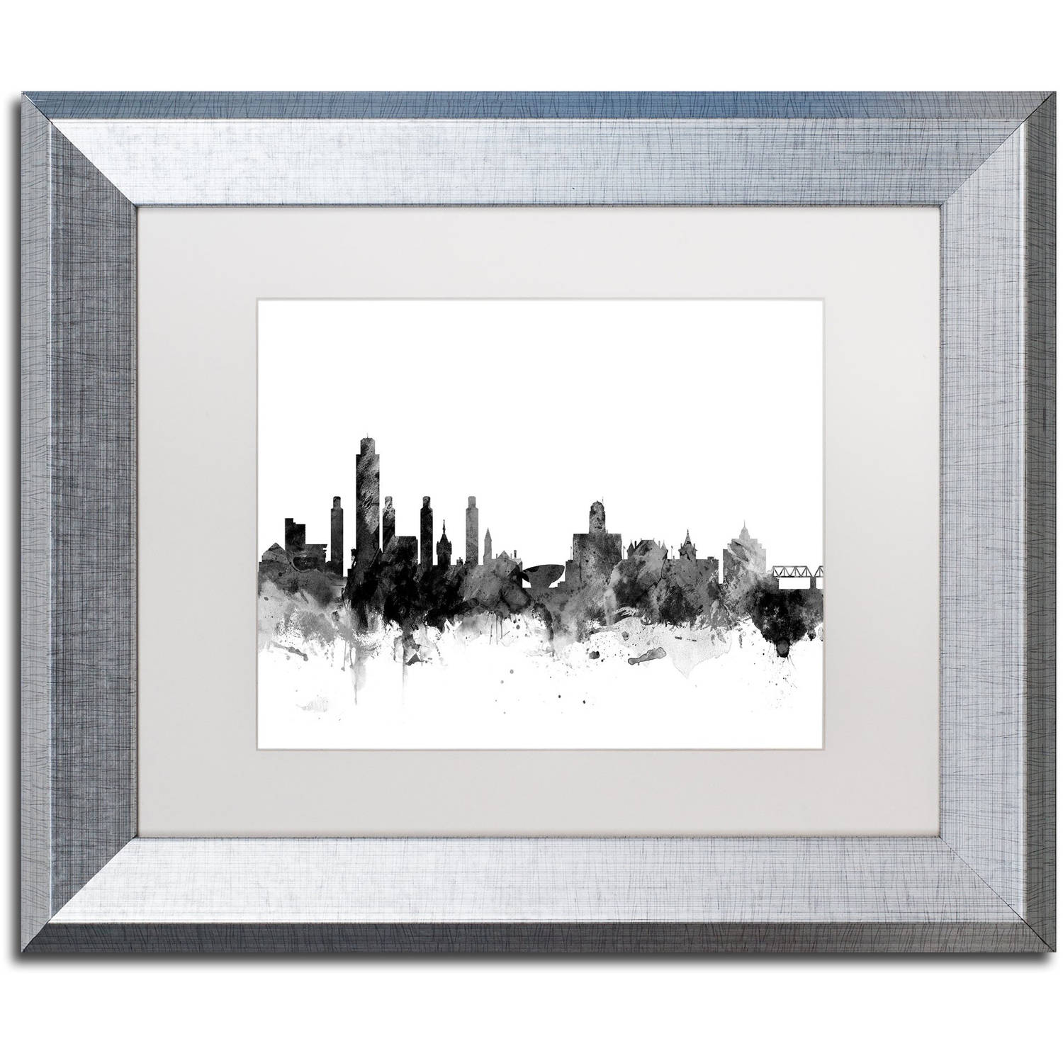 Trademark Fine Art "Albany New York Skyline B&W" Canvas Art by Michael Tompsett, White Matte, Silver Frame