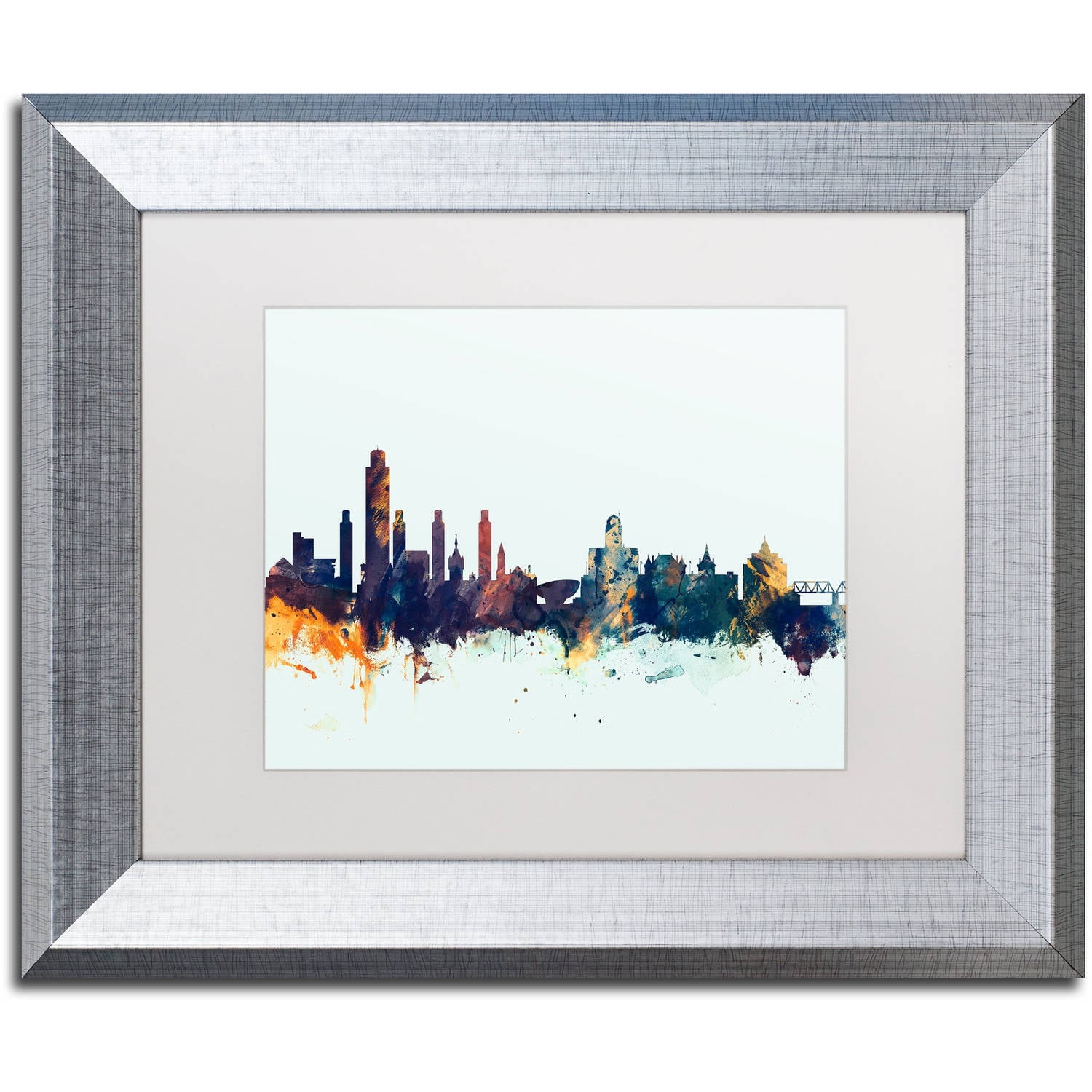 Trademark Fine Art "Albany New York Skyline Blue" Canvas Art by Michael Tompsett, White Matte, Silver Frame