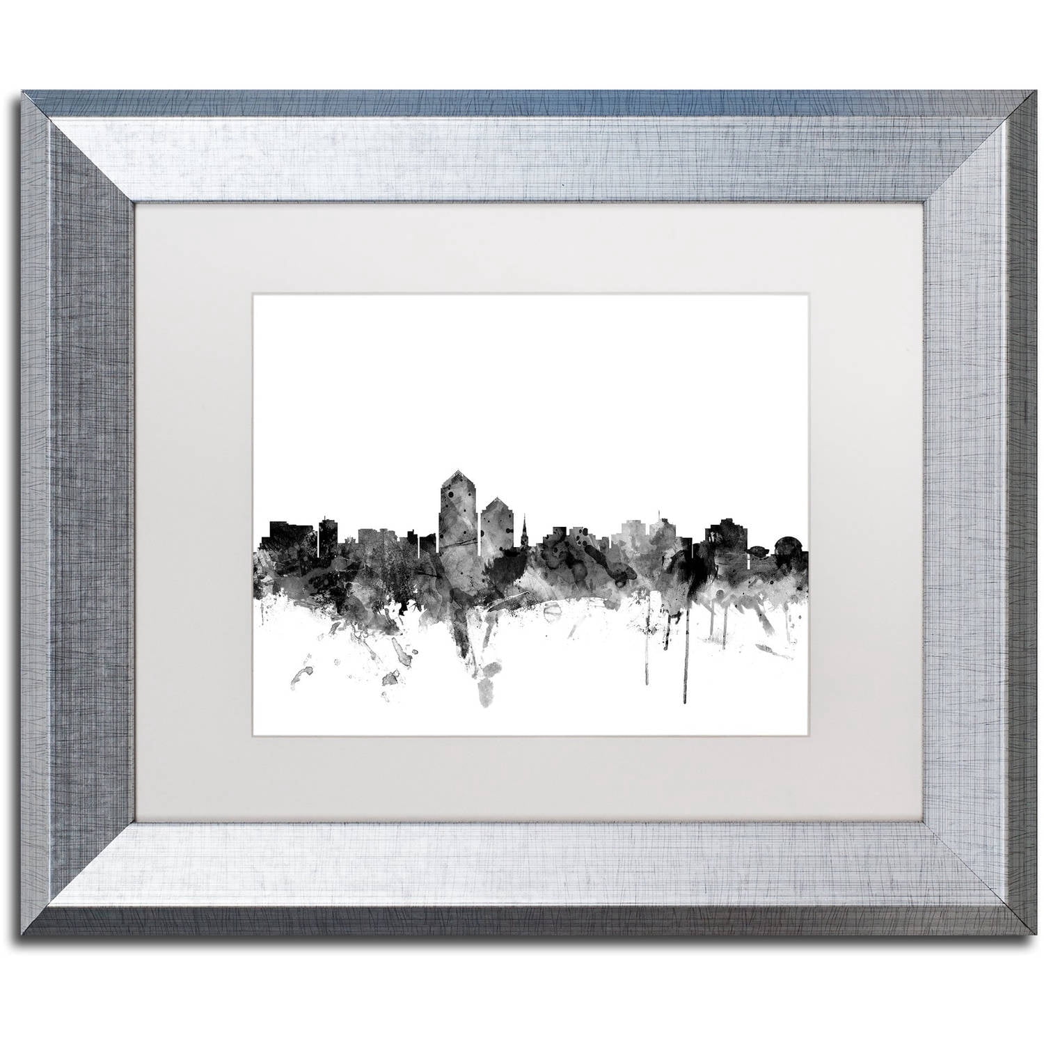 Trademark Fine Art "Albuquerque NM Skyline B&W" Canvas Art by Michael Tompsett, White Matte, Silver Frame