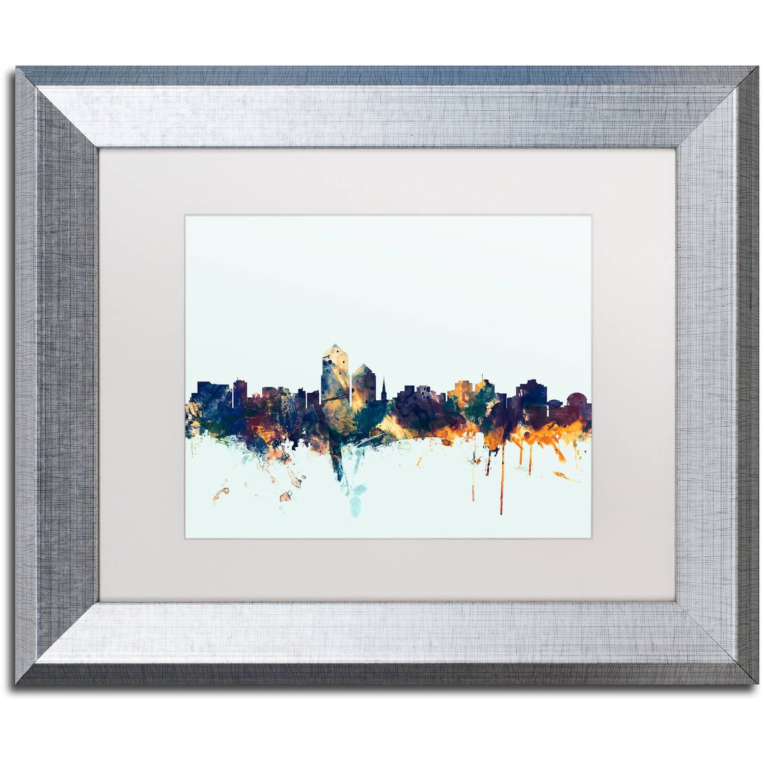 Trademark Fine Art "Albuquerque NM Skyline Blue" Canvas Art by Michael Tompsett, White Matte, Silver Frame