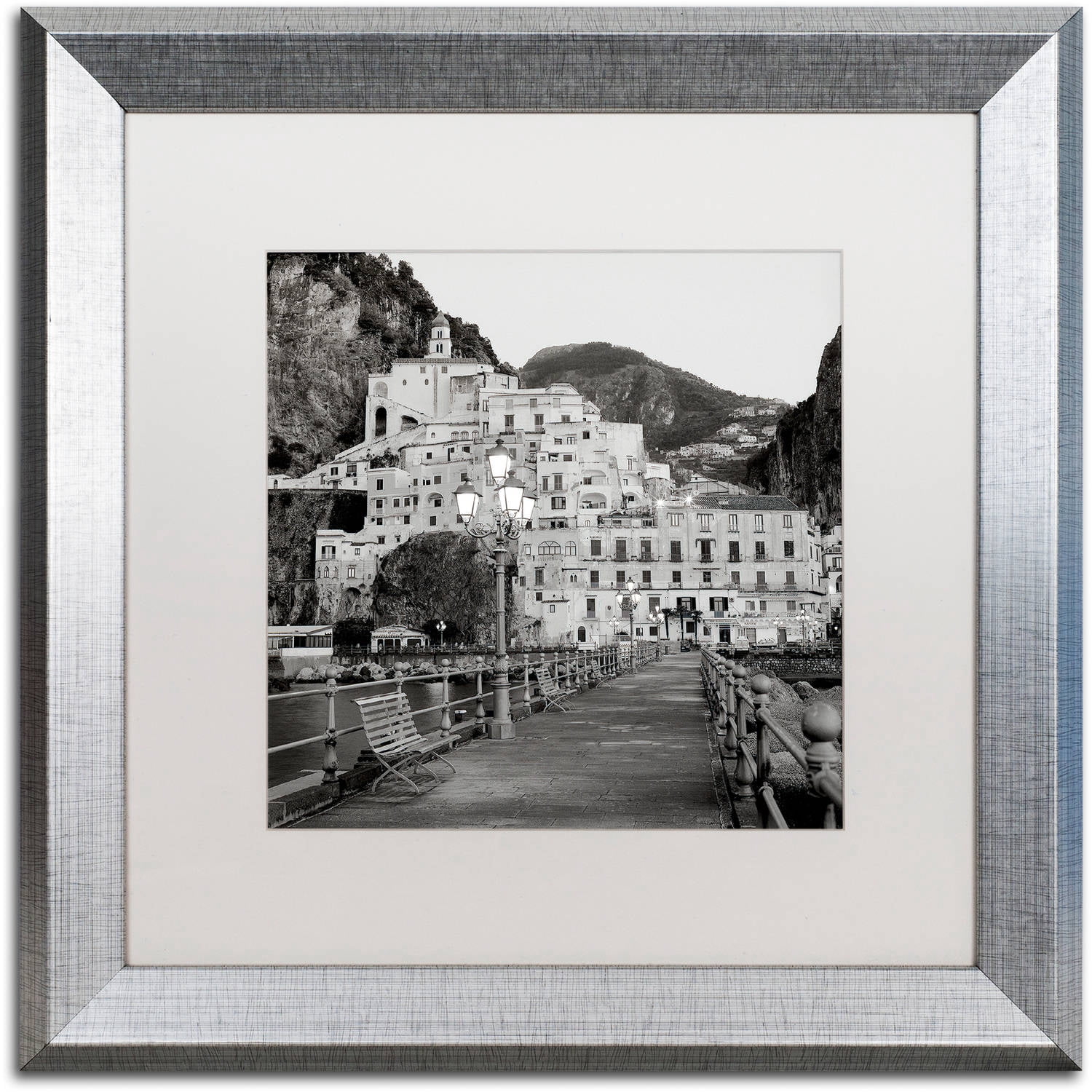 Trademark Fine Art "Amalfi Pier I" Canvas Art by Alan Blaustein, White Matte, Silver Frame