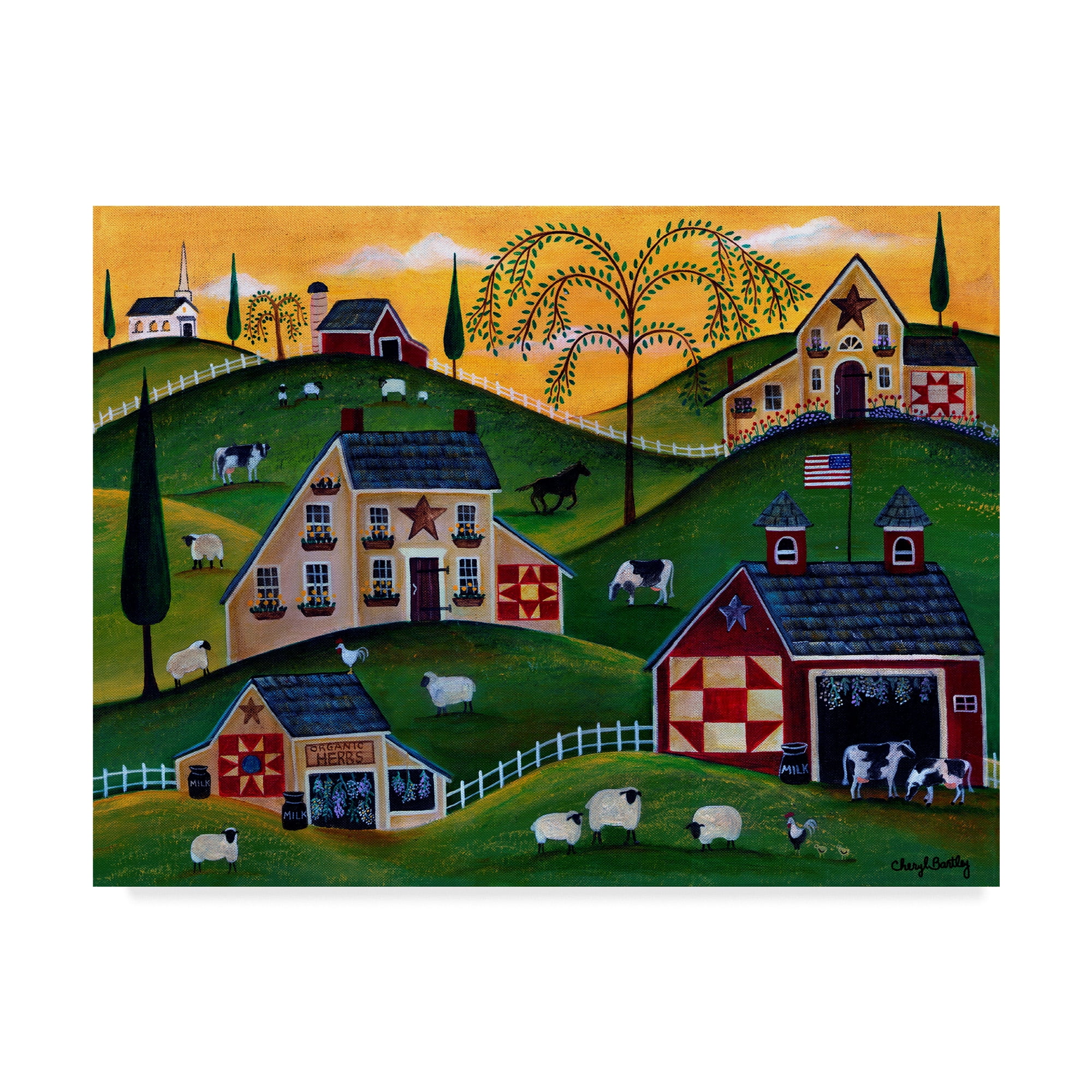 Rustic American Farmland Landscape Canvas Art with Wooden Frame