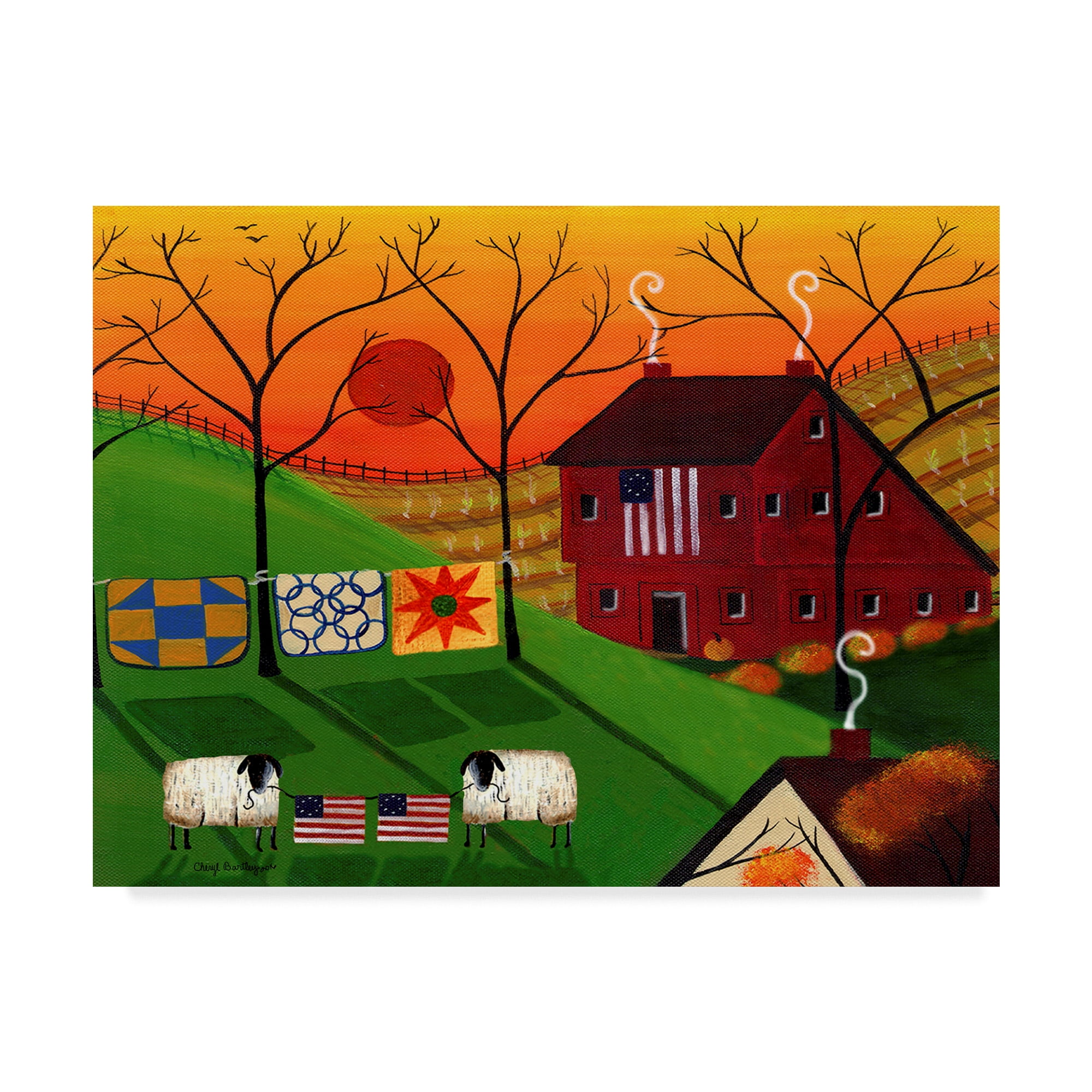 Americana Sunrise Sheep Landscape Canvas Art with Wooden Frame