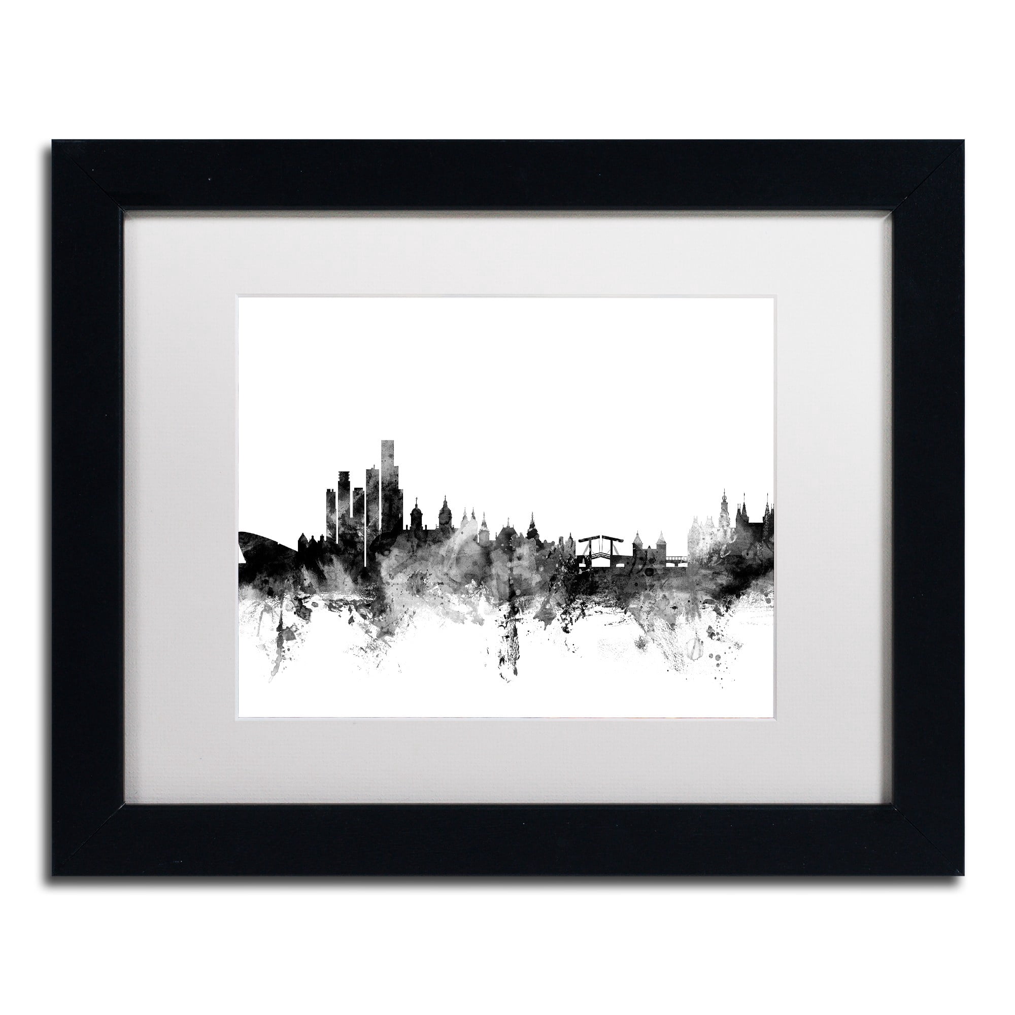 Trademark Fine Art "Amsterdam Skyline B&W" Canvas Art by Michael Tompsett, White Matte, Black Frame
