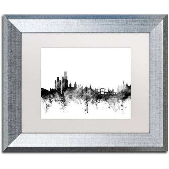 Trademark Fine Art "Amsterdam Skyline B&W" Canvas Art by Michael Tompsett, White Matte, Silver Frame