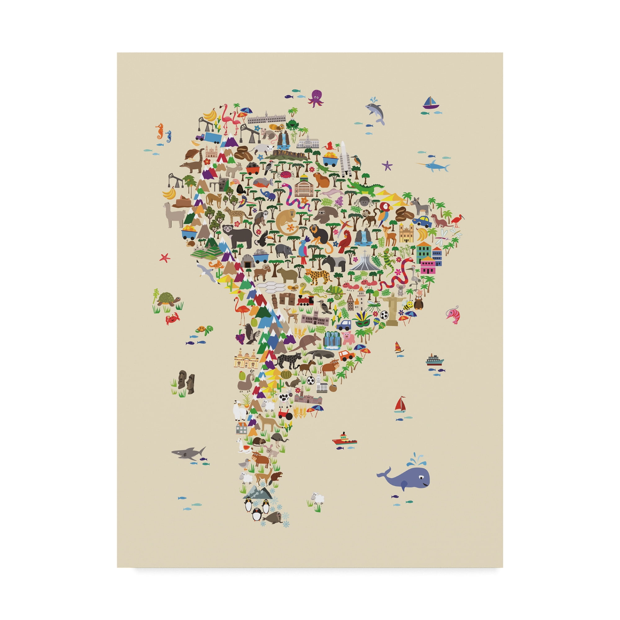 Trademark Fine Art 'Animal Map of South America for children and kids Beige' Canvas Art by Michael Tompsett