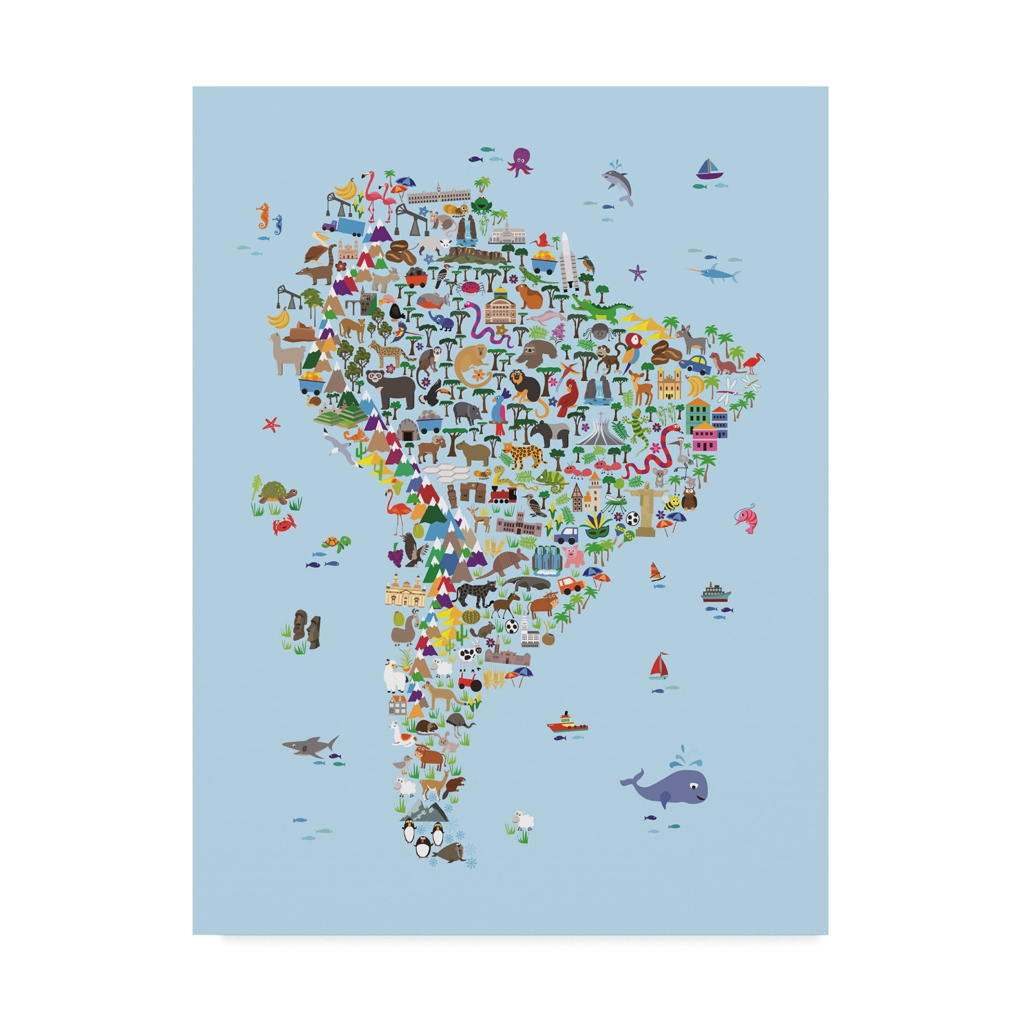 Trademark Fine Art 'Animal Map of South America for children and kids Blue' Canvas Art by Michael Tompsett