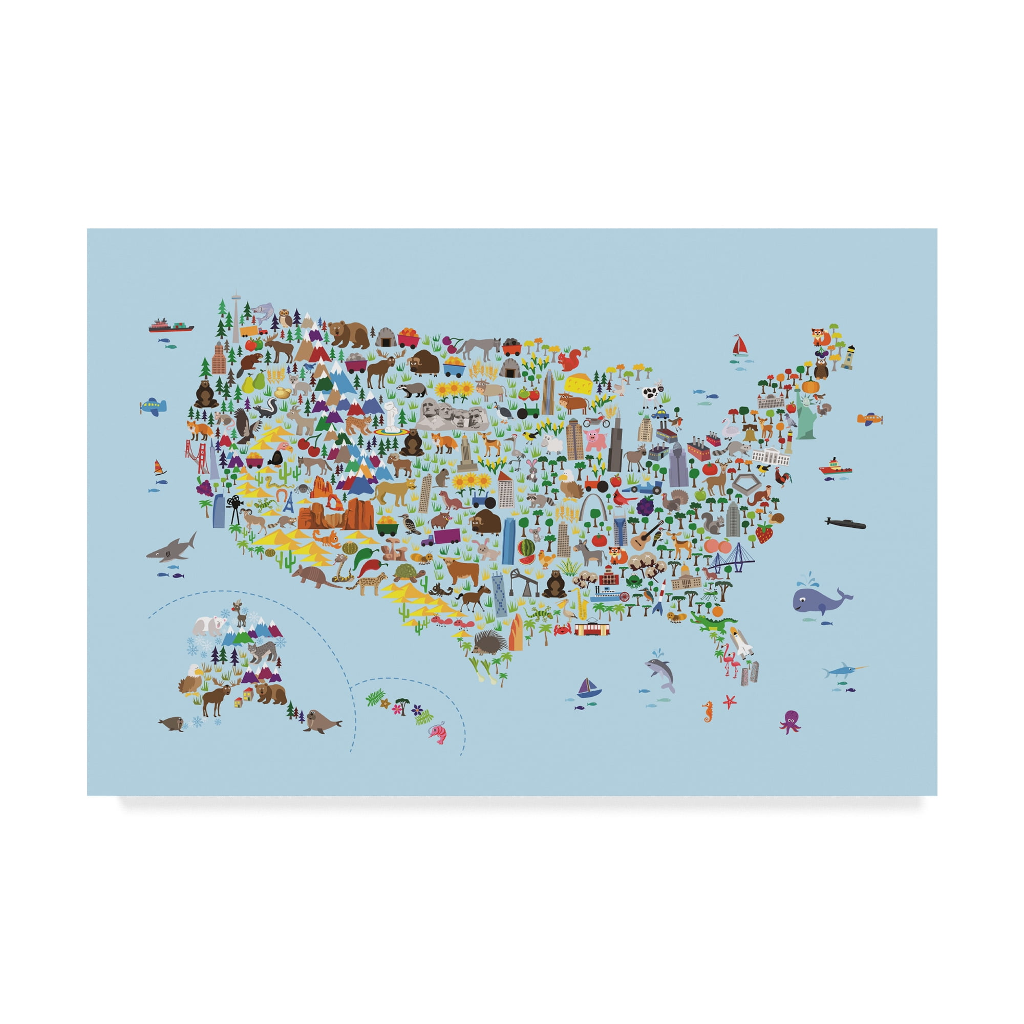 Trademark Fine Art 'Animal Map of United States for children and kids Blue' Canvas Art by Michael Tompsett