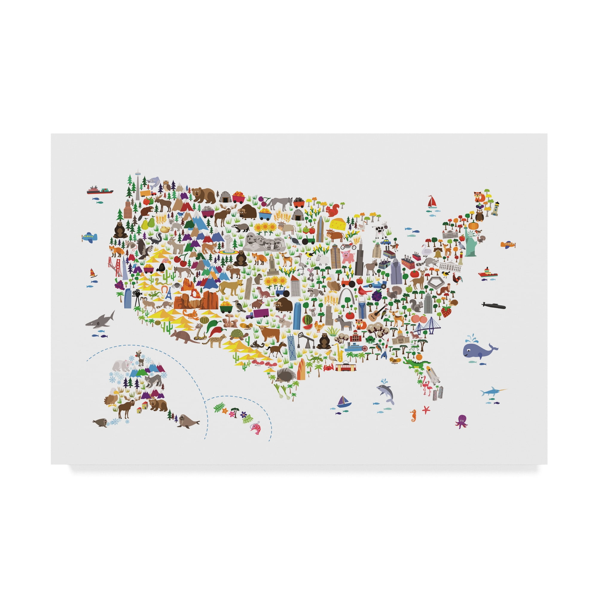 Trademark Fine Art 'Animal Map of United States for children and kids' Canvas Art by Michael Tompsett
