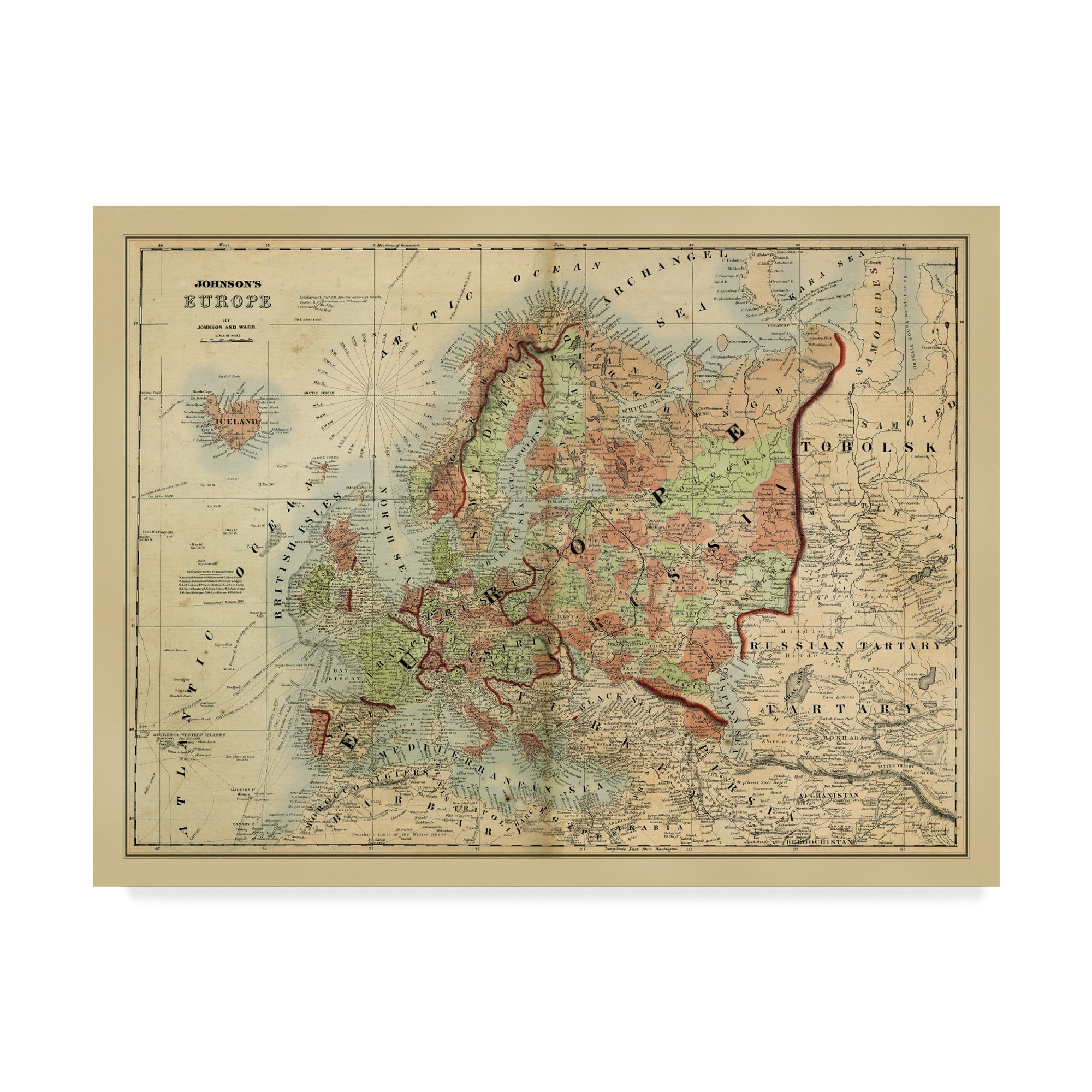 Antique Tan and Brown Framed Canvas Map Print