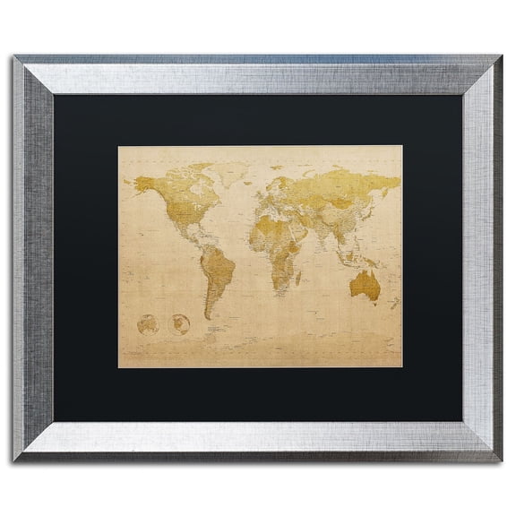 Trademark Fine Art "Antique World Map" Canvas Art by Michael Tompsett Black Matte, Silver Frame