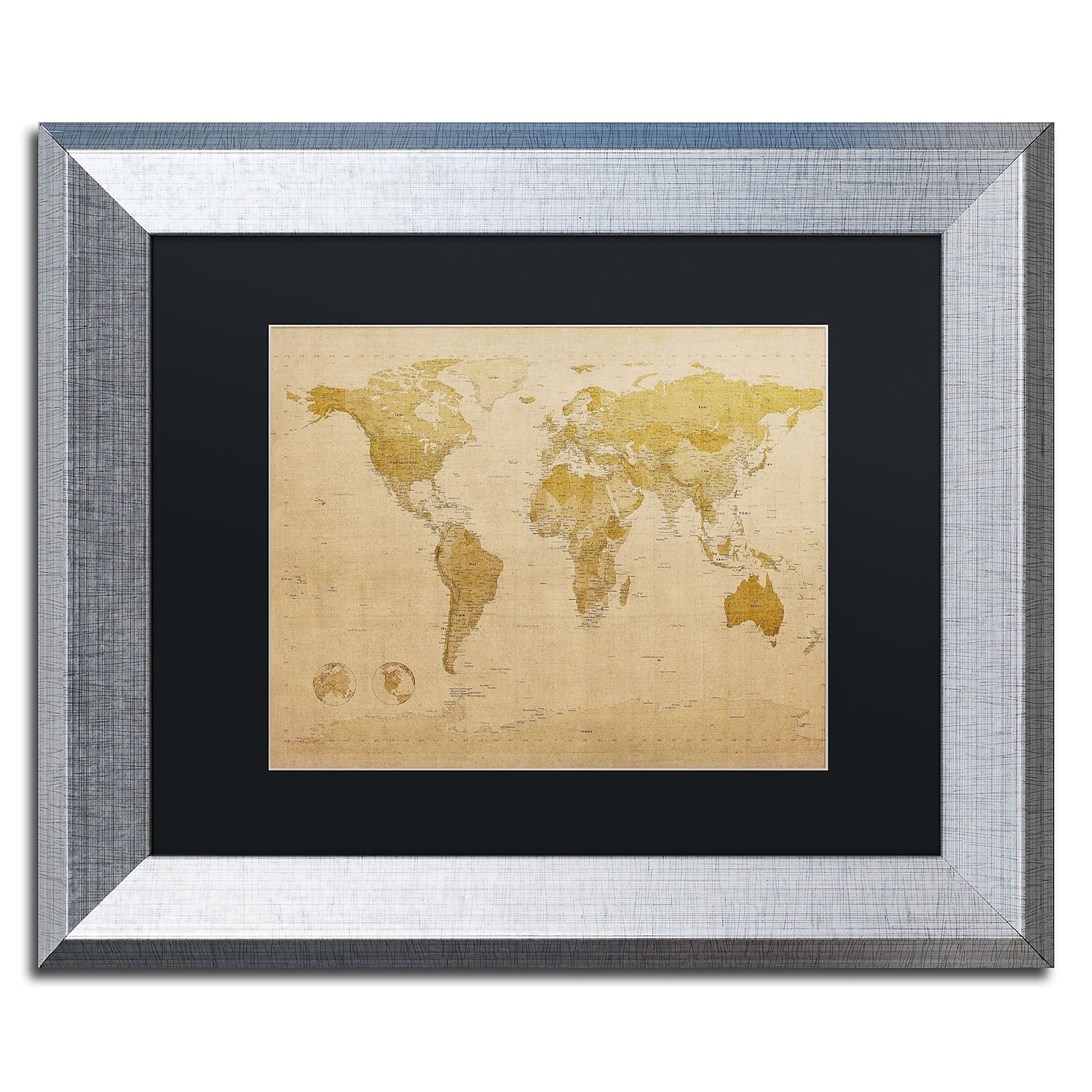 Trademark Fine Art "Antique World Map" Canvas Art by Michael Tompsett Black Matte, Silver Frame