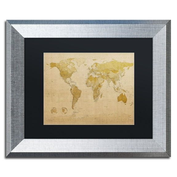Trademark Fine Art "Antique World Map" Canvas Art by Michael Tompsett Black Matte, Silver Frame