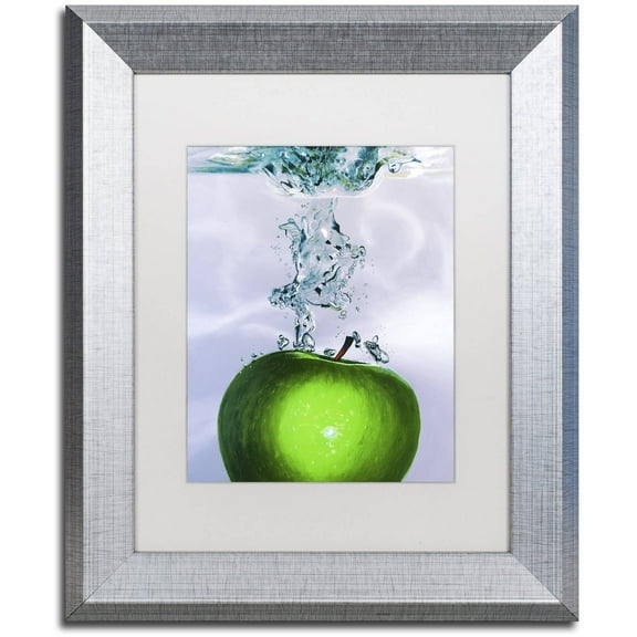 Trademark Fine Art "Apple Splash II" Canvas Art by Roderick Stevens White Matte, Silver Frame