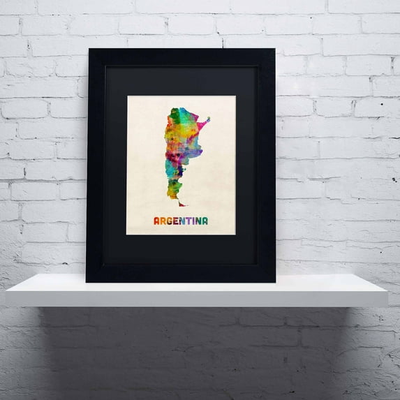 Trademark Fine Art "Argentina Watercolor Map" Canvas Art by Michael Tompsett, Black Matte, Black Frame