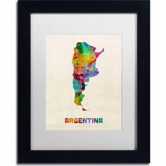 Trademark Fine Art "Argentina Watercolor Map" Canvas Art by Michael Tompsett, White Matte, Black Frame