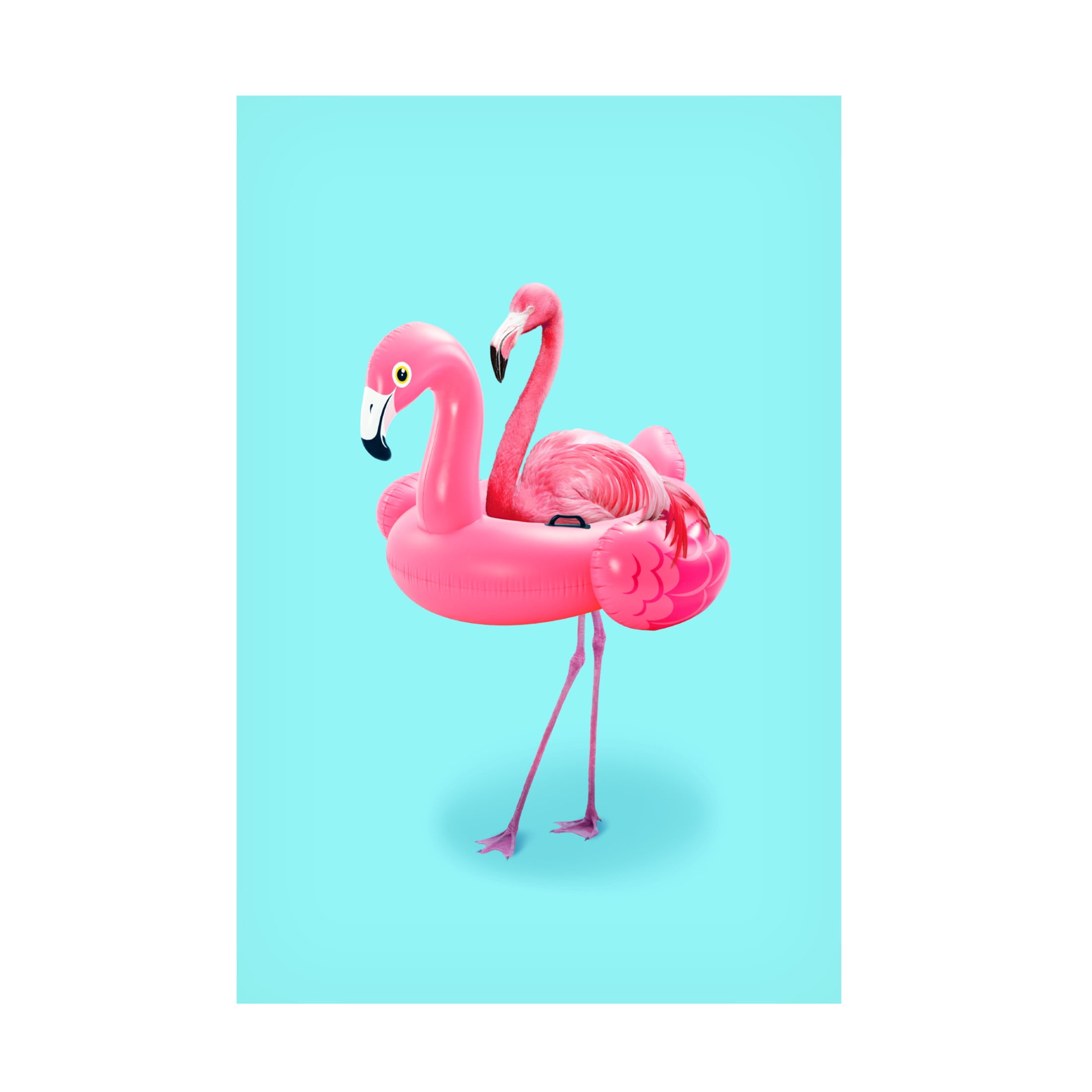 Pink Flamingo on Blue Canvas Wall Art with Wood Frame