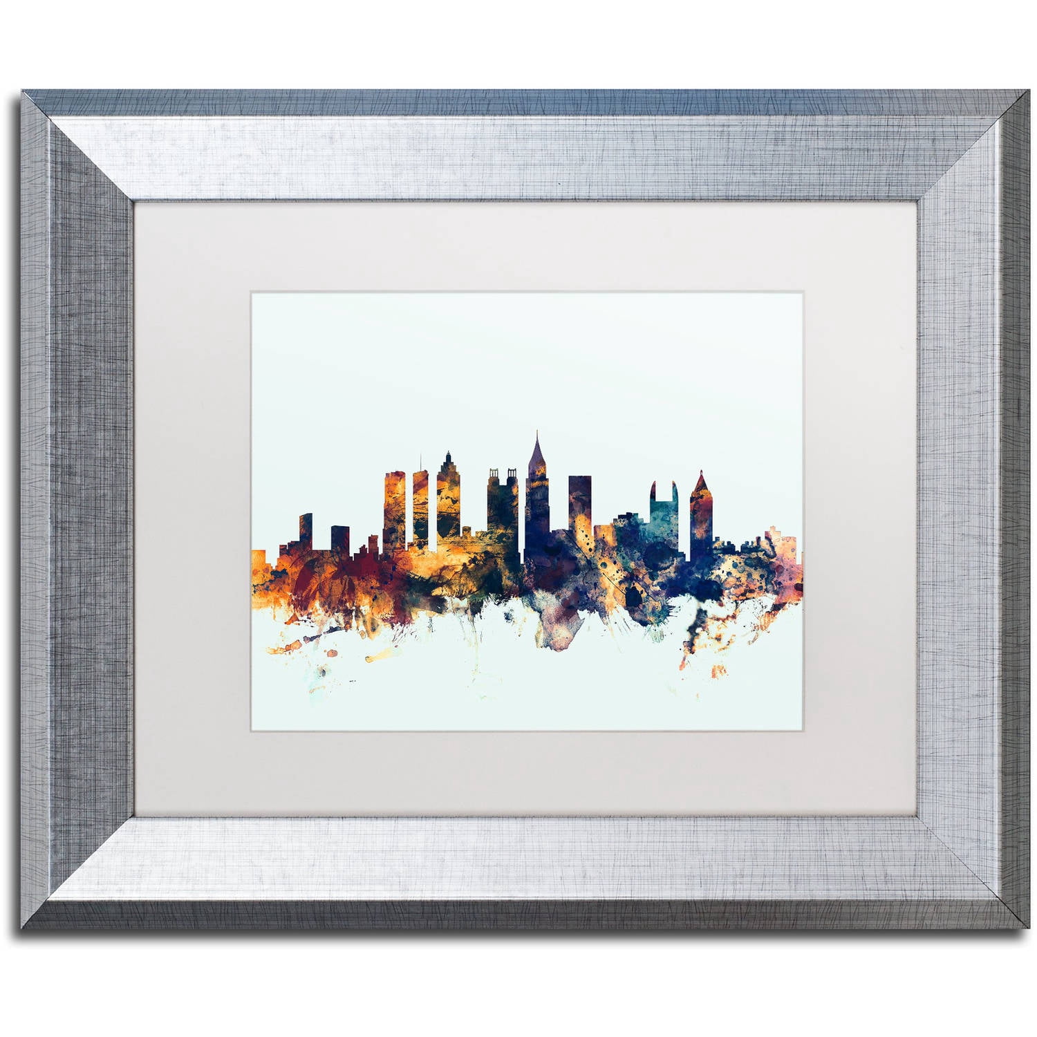 Trademark Fine Art "Atlanta Georgia Skyline Blue" Canvas Art by Michael Tompsett, White Matte, Silver Frame
