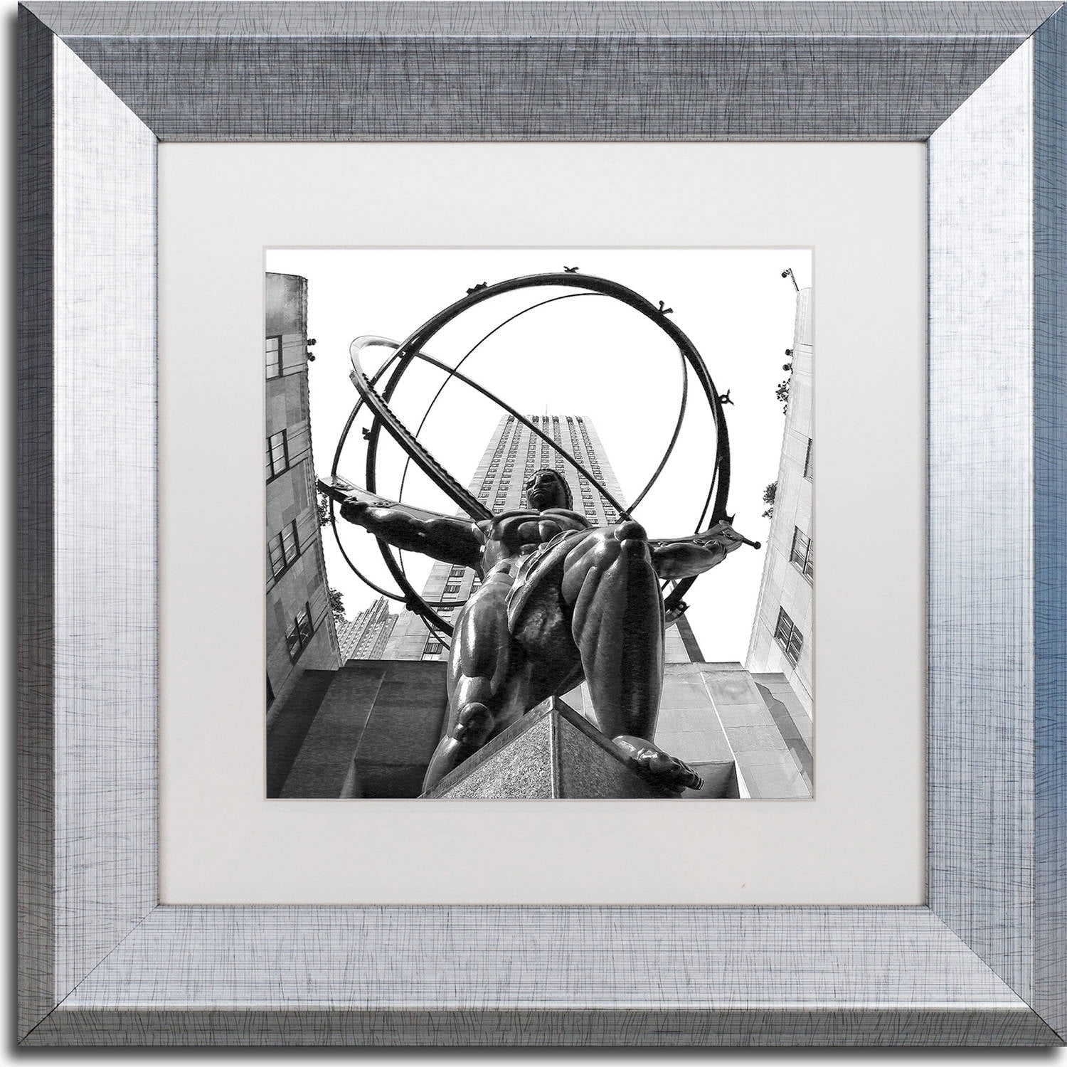 Trademark Fine Art "Atlas Rockefeller Center" Canvas Art by CATeyes, White Matte, Silver Frame