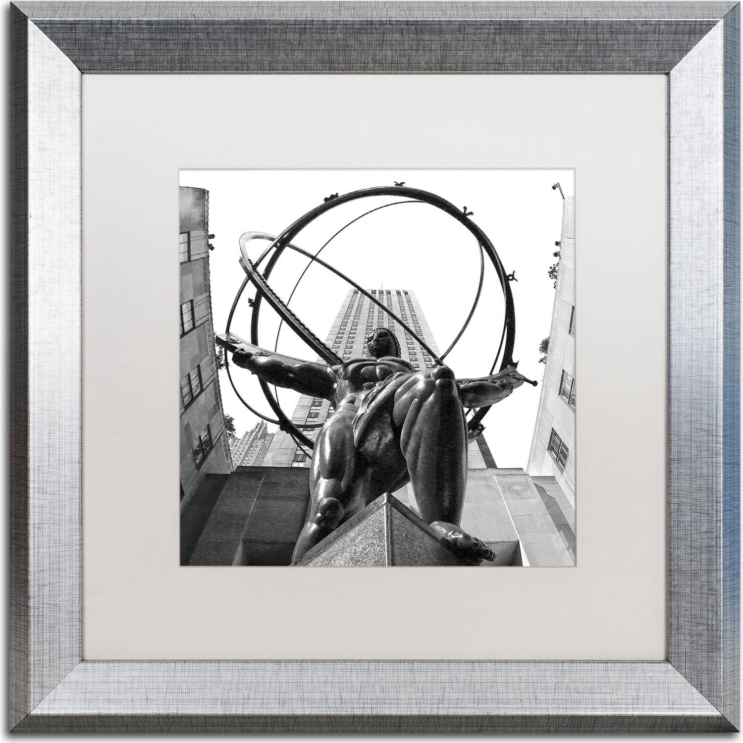 Trademark Fine Art "Atlas Rockefeller Center" Canvas Art by CATeyes, White Matte, Silver Frame