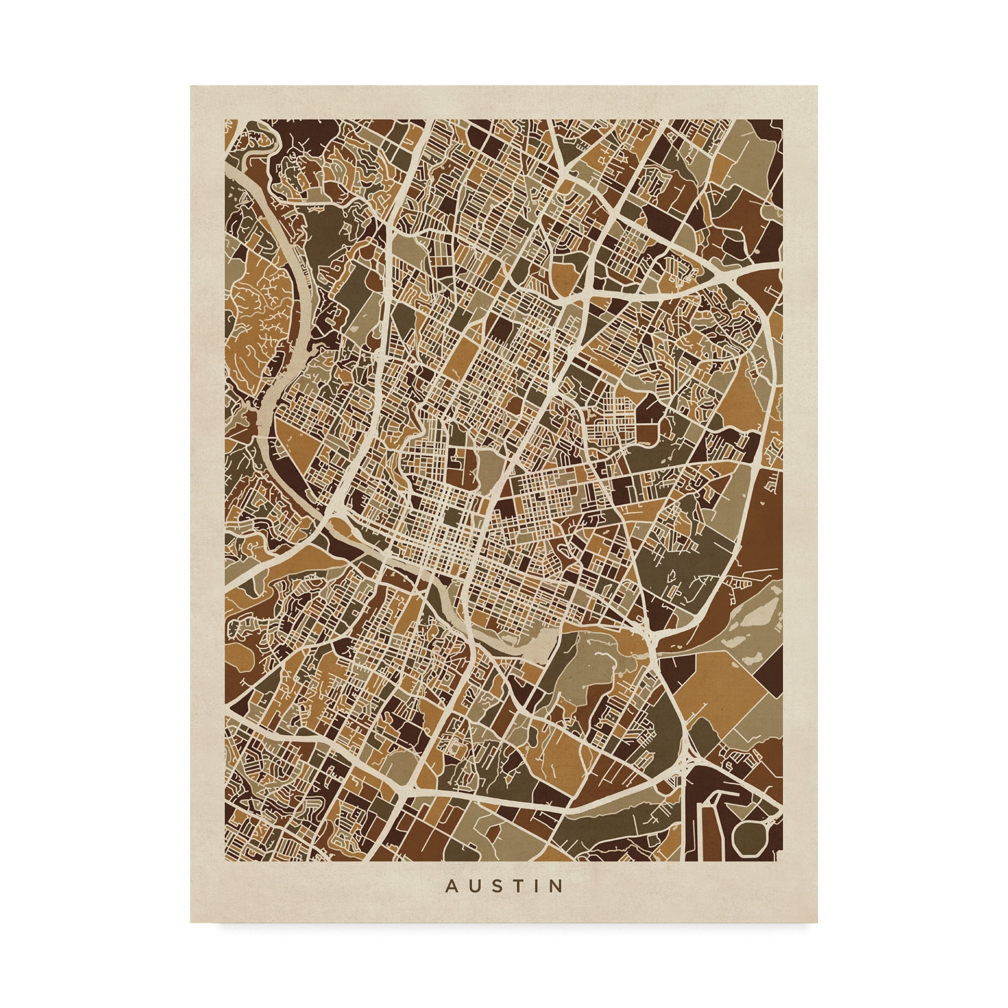 Trademark Fine Art 'Austin Texas City Map Brown' Canvas Art by Michael Tompsett