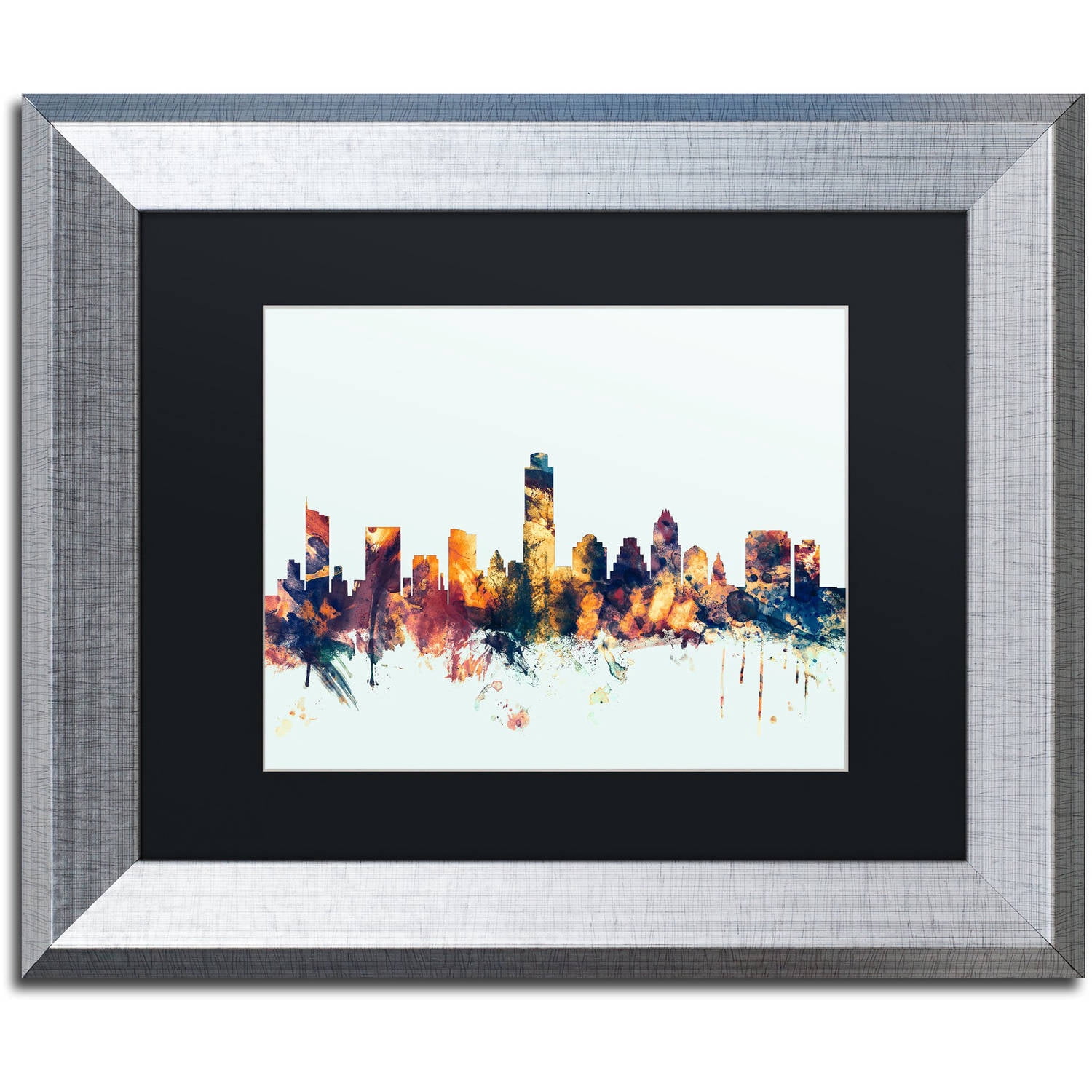 Trademark Fine Art "Austin Texas Skyline Blue" Canvas Art by Michael Tompsett, Black Matte, Silver Frame
