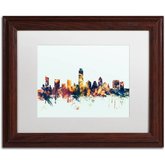 Trademark Fine Art "Austin Texas Skyline Blue" Canvas Art by Michael Tompsett, White Matte, Wood Frame