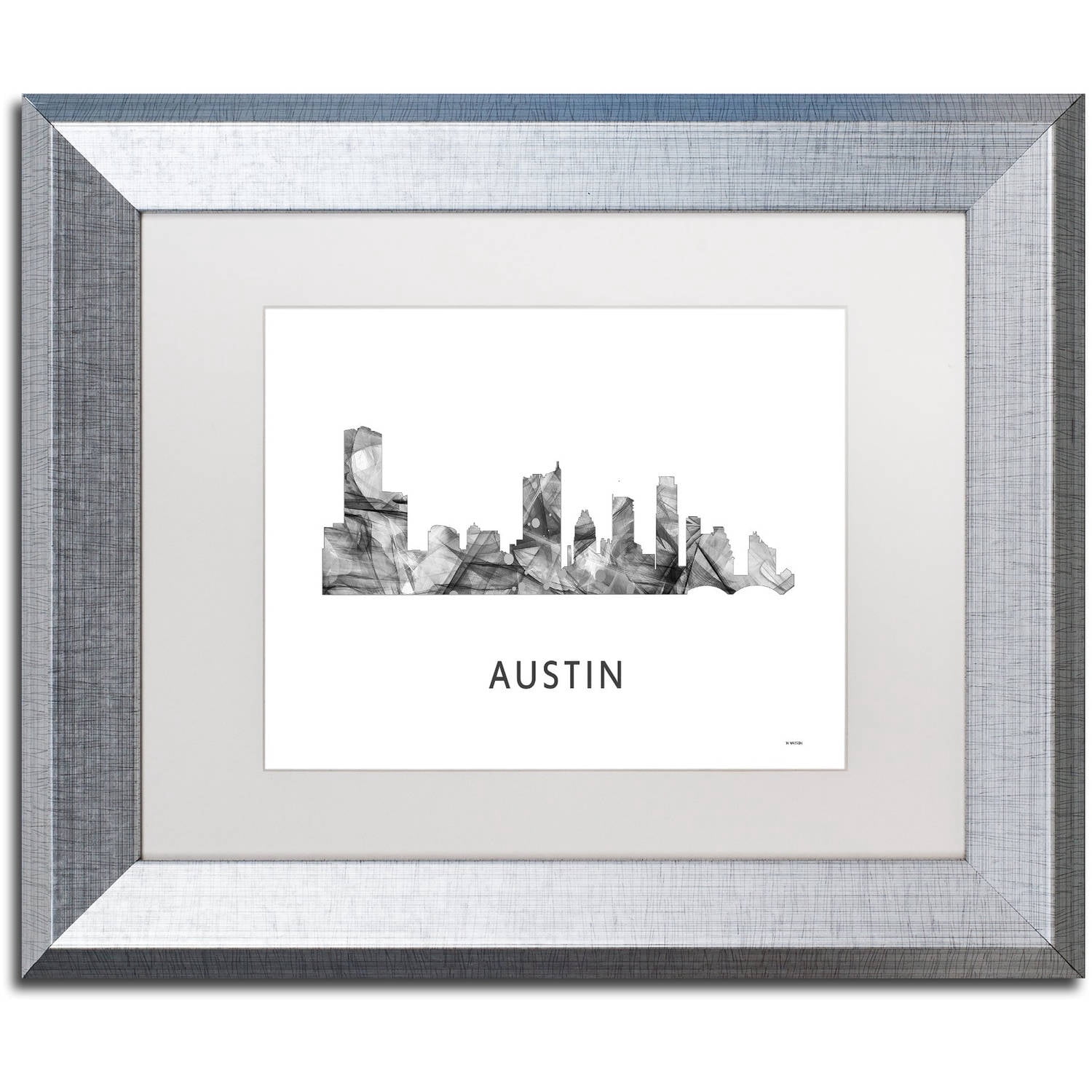 Trademark Fine Art 'Austin Texas Skyline WB-BW' Canvas Art by Marlene Watson, White Matte, Silver Frame
