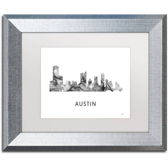 Trademark Fine Art 'Austin Texas Skyline WB-BW' Canvas Art by Marlene Watson, White Matte, Silver Frame