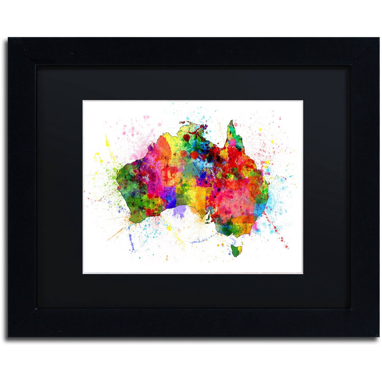 Trademark Fine Art 'Australia Paint Splashes Map' Canvas Art by Michael Tompsett, Black Matte, Black Frame