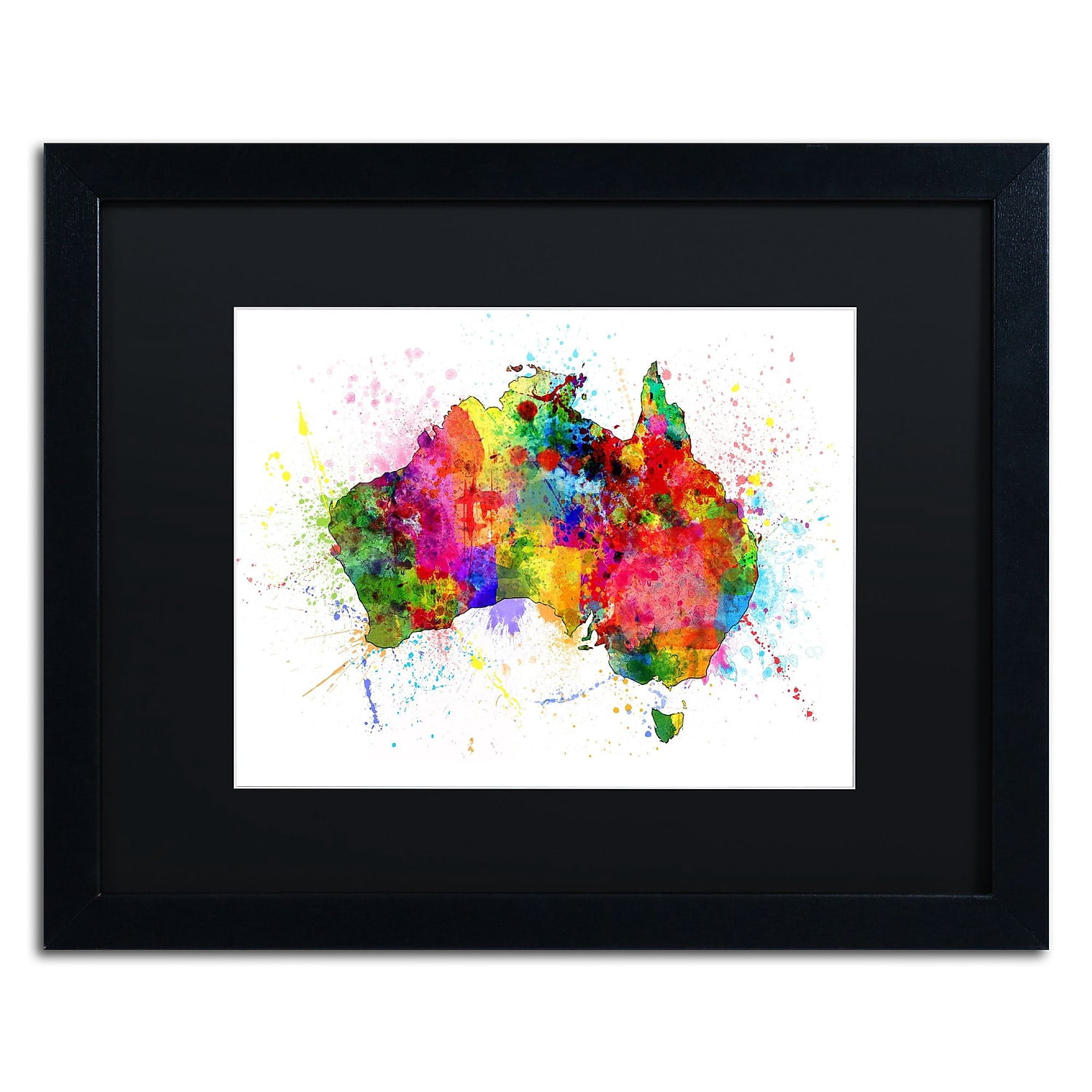 Trademark Fine Art 'Australia Paint Splashes Map' Canvas Art by Michael Tompsett, Black Matte, Black Frame