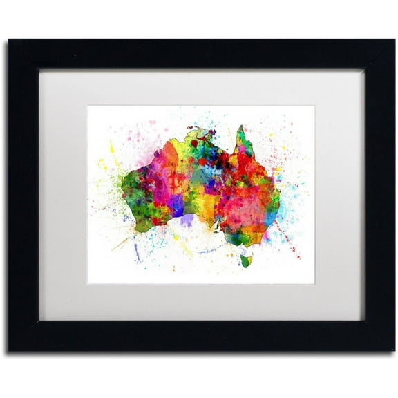 Trademark Fine Art 'Australia Paint Splashes Map' Canvas Art by Michael Tompsett, White Matte, Black Frame