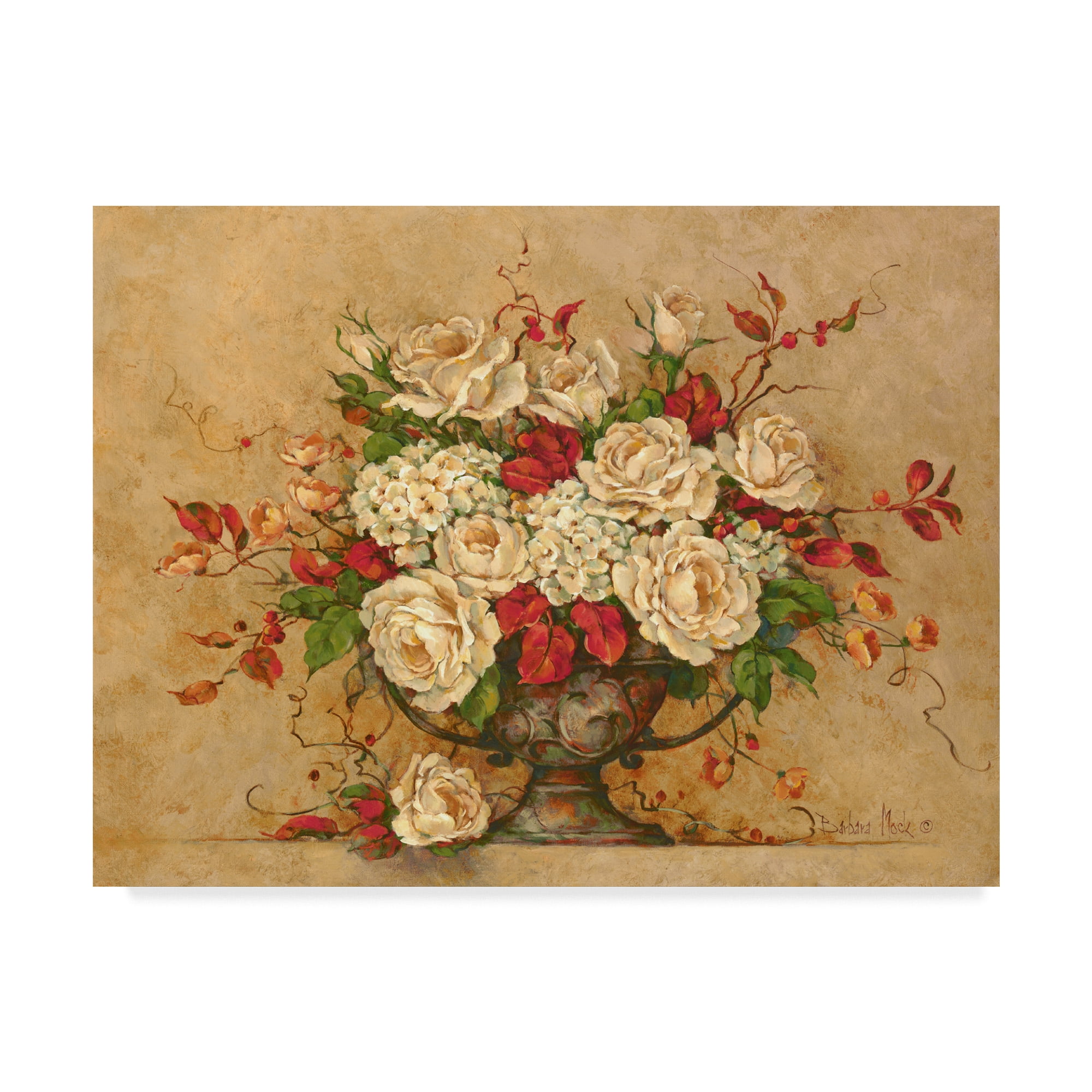 Autumn Rose Urn Beige and Red Floral Canvas Art