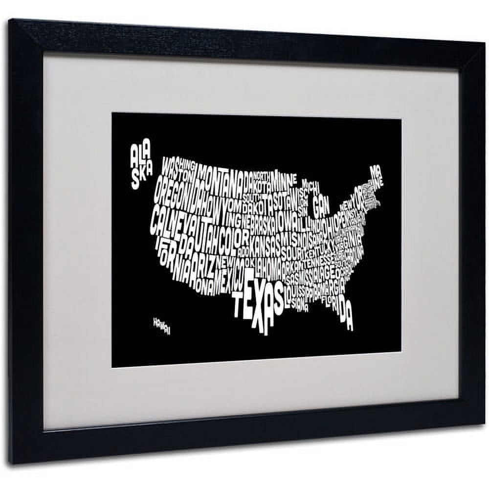 Trademark Fine Art "BLACK-USA States Text Map" Matted Framed by Michael Tompsett