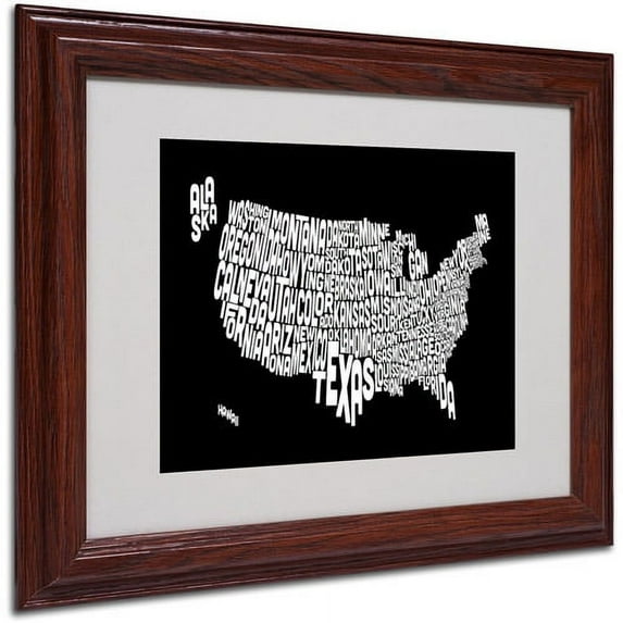 Trademark Fine Art "BLACK-USA States Text Map" Matted Framed by Michael Tompsett