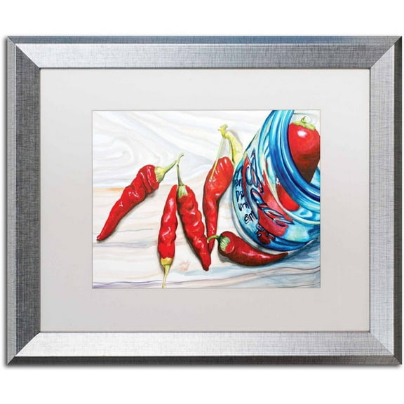 Trademark Fine Art "Ball Jar with 3 Peppers" Canvas Art by Jennifer Redstreake White Matte, Silver Frame