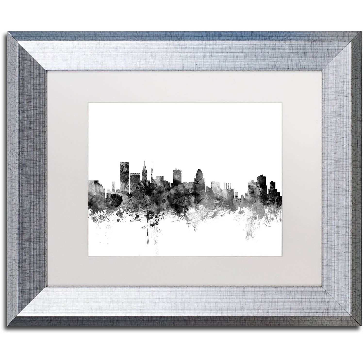 Trademark Fine Art "Baltimore Maryland Skyline B&W" Canvas Art by Michael Tompsett, White Matte, Silver Frame