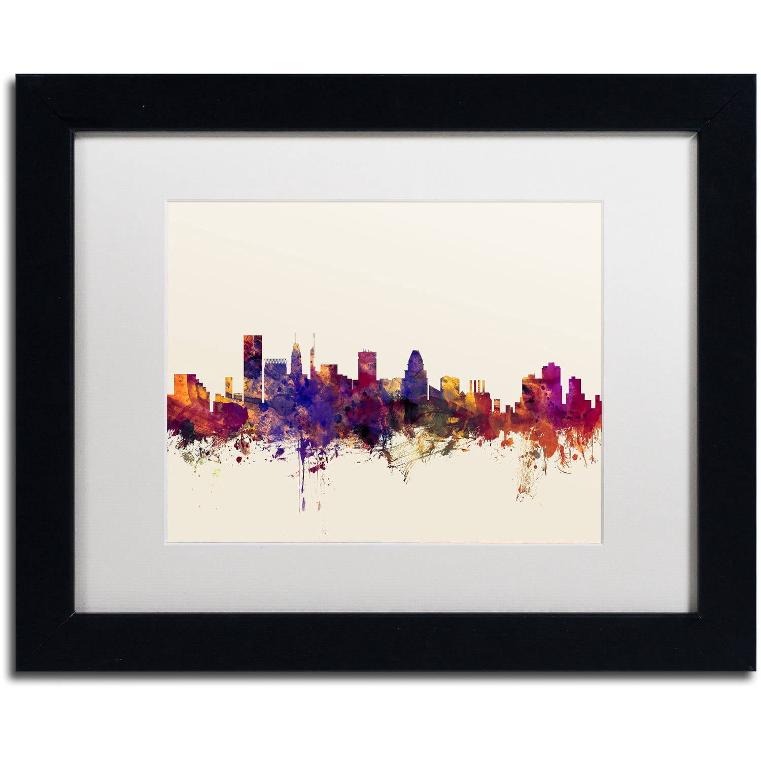 Trademark Fine Art "Baltimore Maryland Skyline" Canvas Art by Michael Tompsett, White Matte, Black Frame