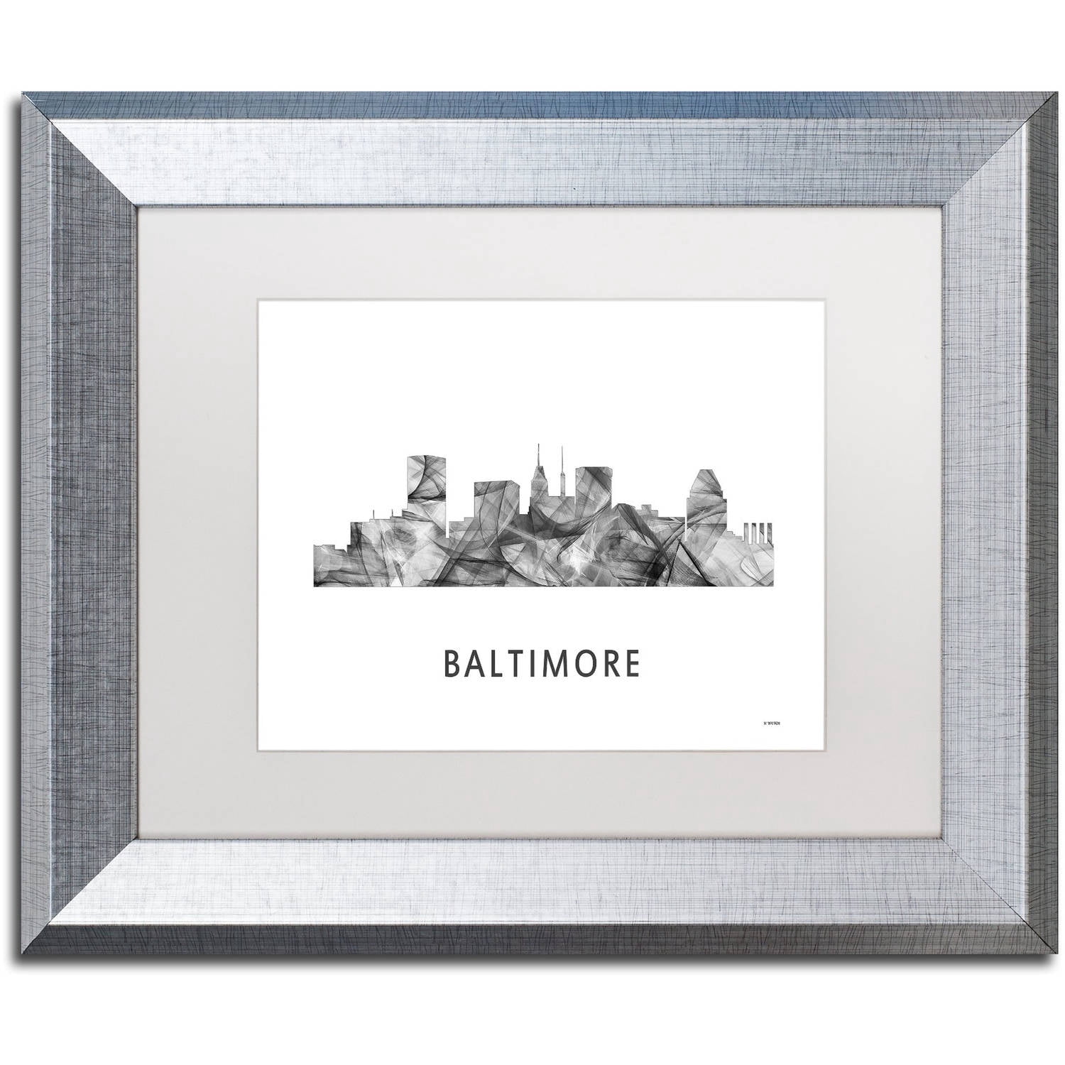 Trademark Fine Art 'Baltimore Maryland Skyline WB-BW' Canvas Art by Marlene Watson, White Matte, Silver Frame