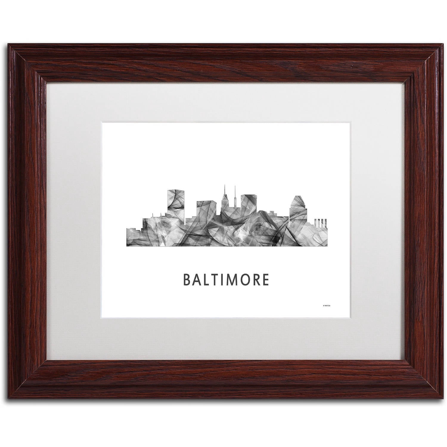 Trademark Fine Art 'Baltimore Maryland Skyline WB-BW' Canvas Art by Marlene Watson, White Matte, Wood Frame