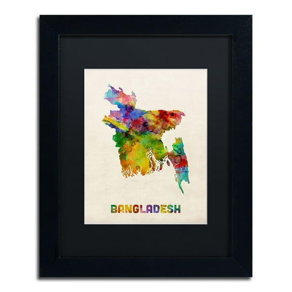 Trademark Fine Art 'Bangladesh Watercolor Map' Canvas Art by Michael Tompsett, Black Matte, Black Frame