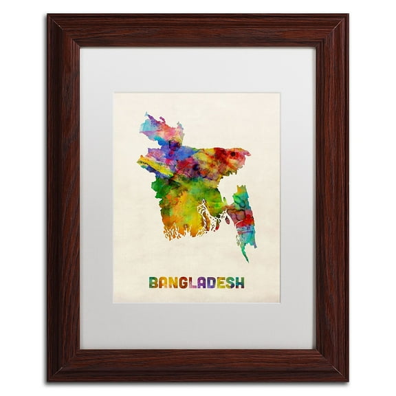 Trademark Fine Art 'Bangladesh Watercolor Map' Canvas Art by Michael Tompsett, White Matte, Wood Frame