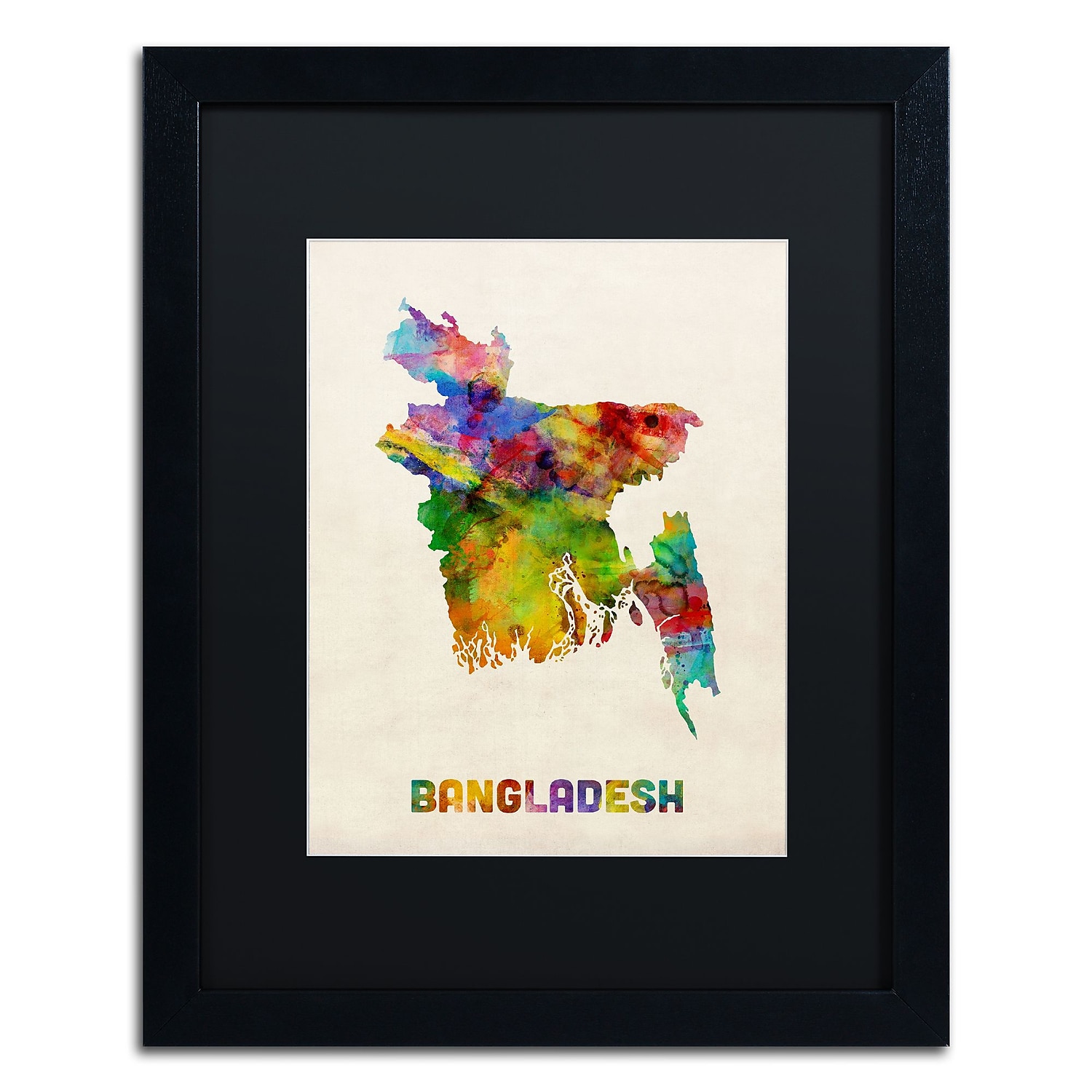 Trademark Fine Art ''Bangladesh Watercolor Map'' by Michael Tompsett 16" x 20" Black Matted Black