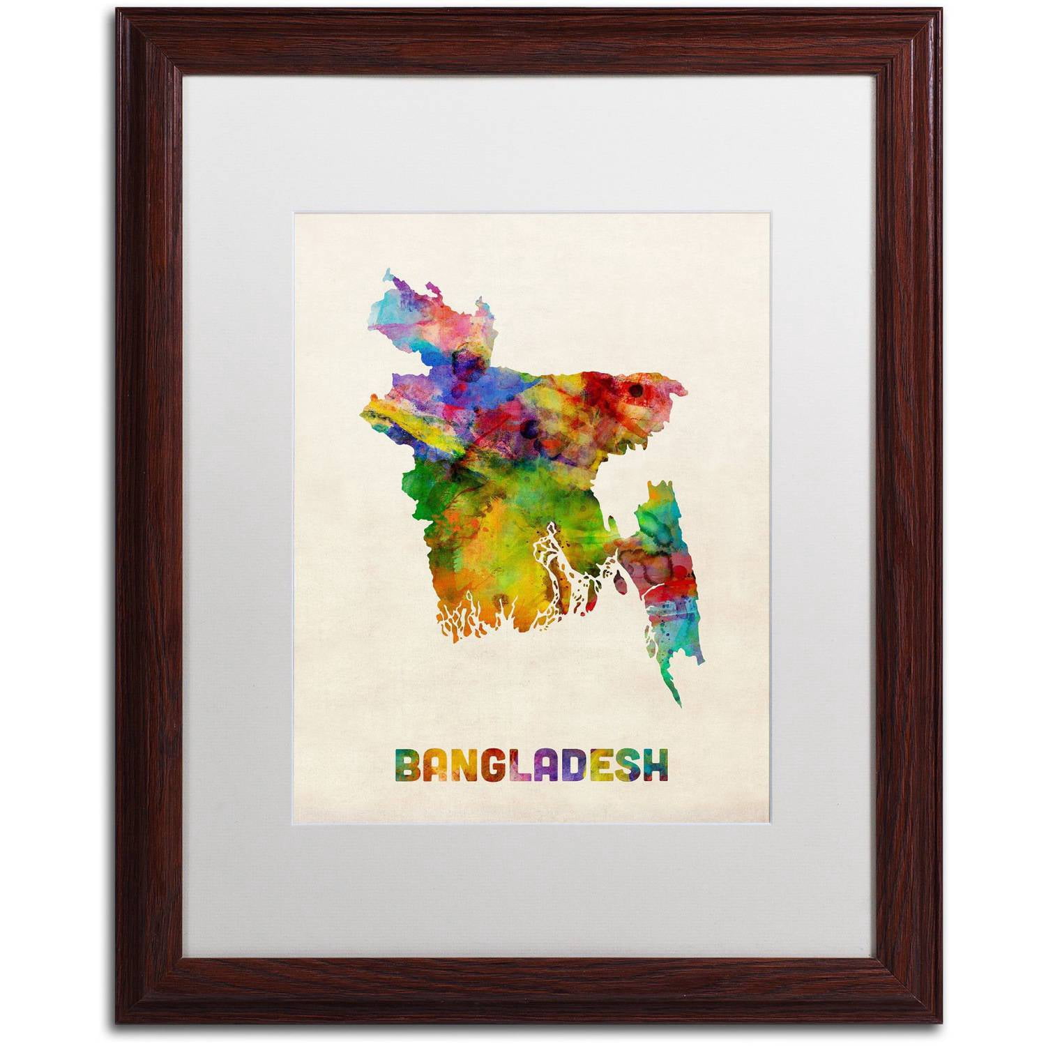 Trademark Fine Art ''Bangladesh Watercolor Map'' by Michael Tompsett 16" x 20" White Matted Wood Frame (MT0511-W1620MF)