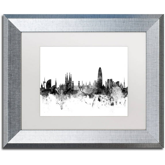 Trademark Fine Art "Barcelona Spain Skyline B&W" Canvas Art by Michael Tompsett, White Matte, Silver Frame