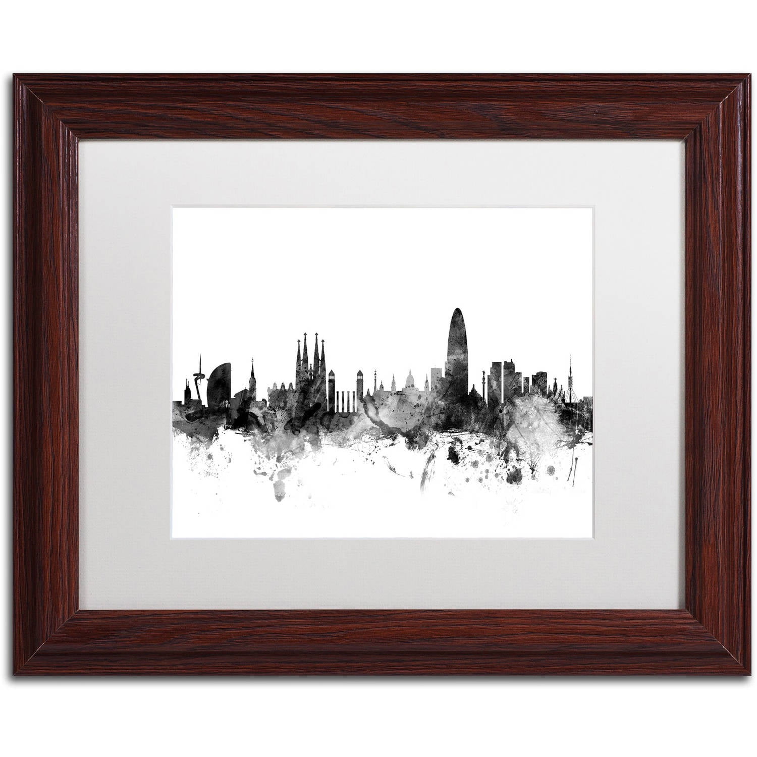 Trademark Fine Art "Barcelona Spain Skyline B&W" Canvas Art by Michael Tompsett, White Matte, Wood Frame